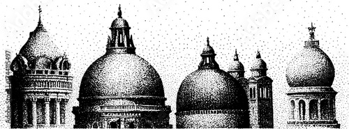 Intricate dotwork stippling of architectural domes and arches for art and design