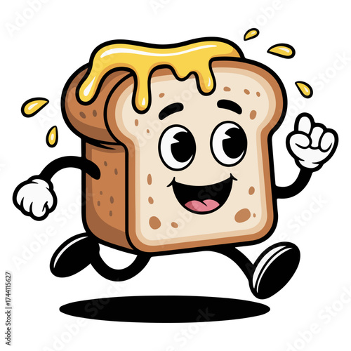 A happy toast character running with butter on top