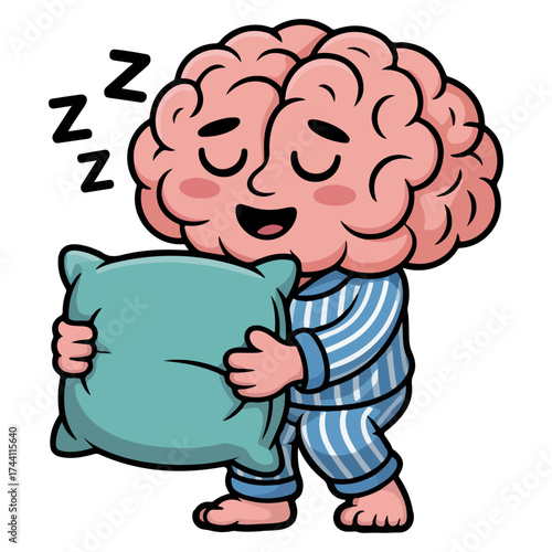 A cartoon image of a brain wearing pajamas, holding a pillow and sleeping.