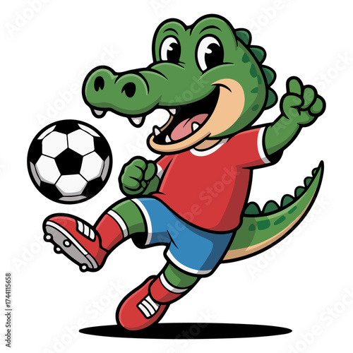 A cartoon alligator kicking a soccer ball with a joyful expression. The alligator is wearing a soccer uniform.