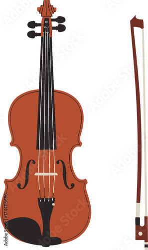 Violin and bow illustration, musical instrument, stringed instrument, hand-drawn vector, white background, classical music, orchestra, music education, performance