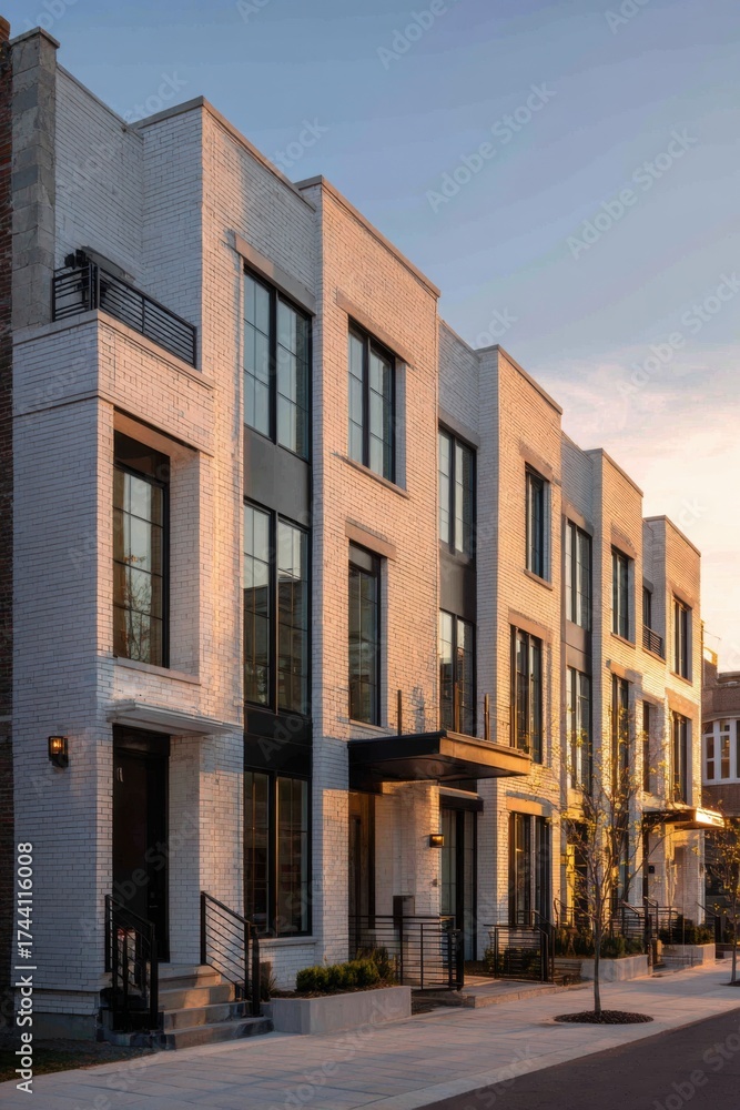 Naklejka premium Modern townhouse design in urban setting showcases clean lines and contemporary architecture during sunset at a peaceful neighborhood