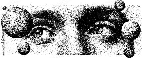 Detailed dotwork stipple illustration of eyes with abstract spheres for artistic design