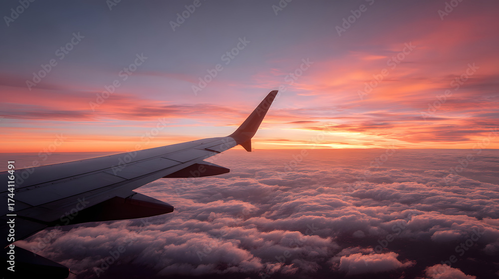 Obraz premium Airplane wing against a stunning sunset over a sea of clouds.