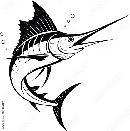 Striking Black and White Marlin Illustration Representing Ocean Wildlife and Aquatic Adventures The Perfect Symbol for Fishing Tournaments