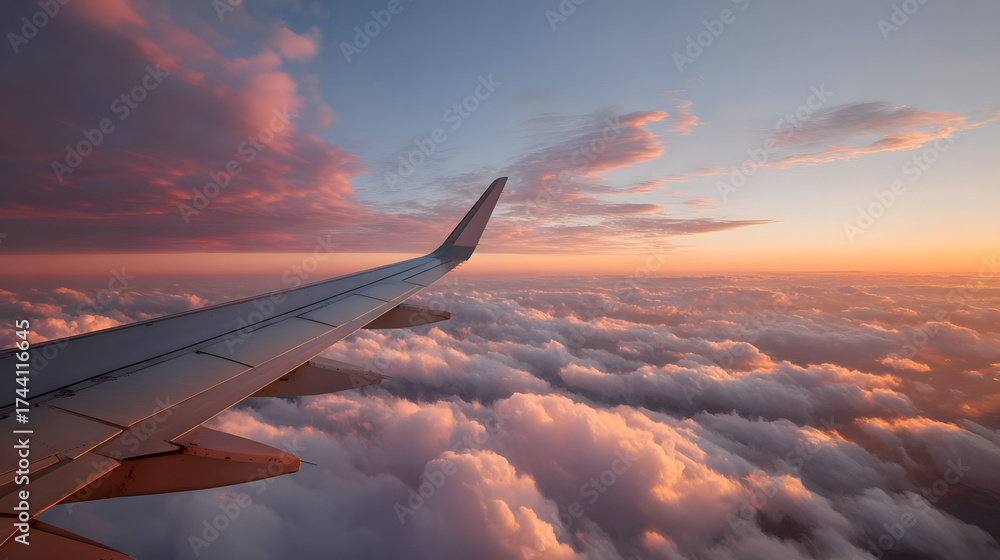 Obraz premium Airplane wing soaring above a sea of clouds at sunset