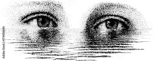 Whimsical stipple art of eyes gazing over water surface - dotwork design for posters