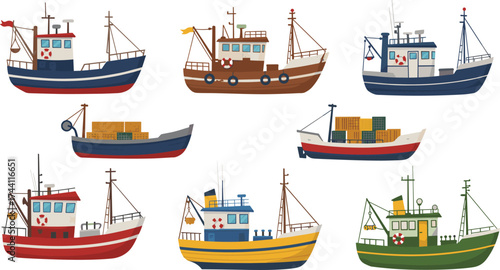 Fishing and cargo boat illustration set, lifebuoy, antenna, flag, container ship, hand-drawn vector, white background, maritime concept, sea transport