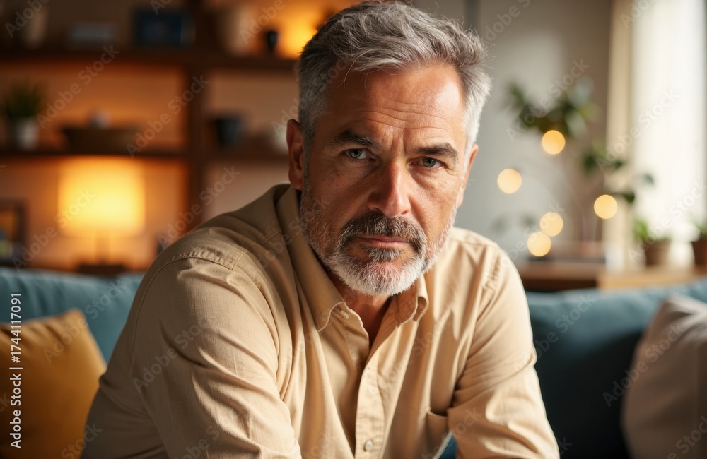 Naklejka premium A mature man with gray hair and beard sitting indoors in a cozy living room setting