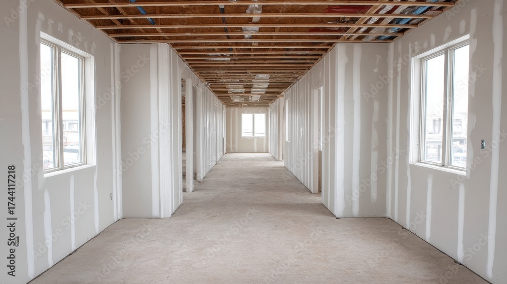 Fototapeta premium Spacious Unfinished Interior of a Residential Building with Drywall Installation and Natural Light Flowing Through Windows
