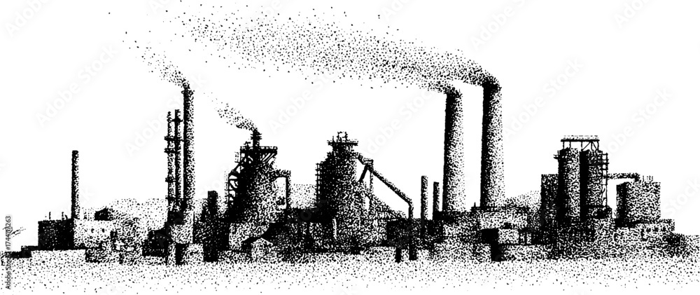 Obraz premium Industrial factory silhouette in detailed dotwork stipple effect for artistic design
