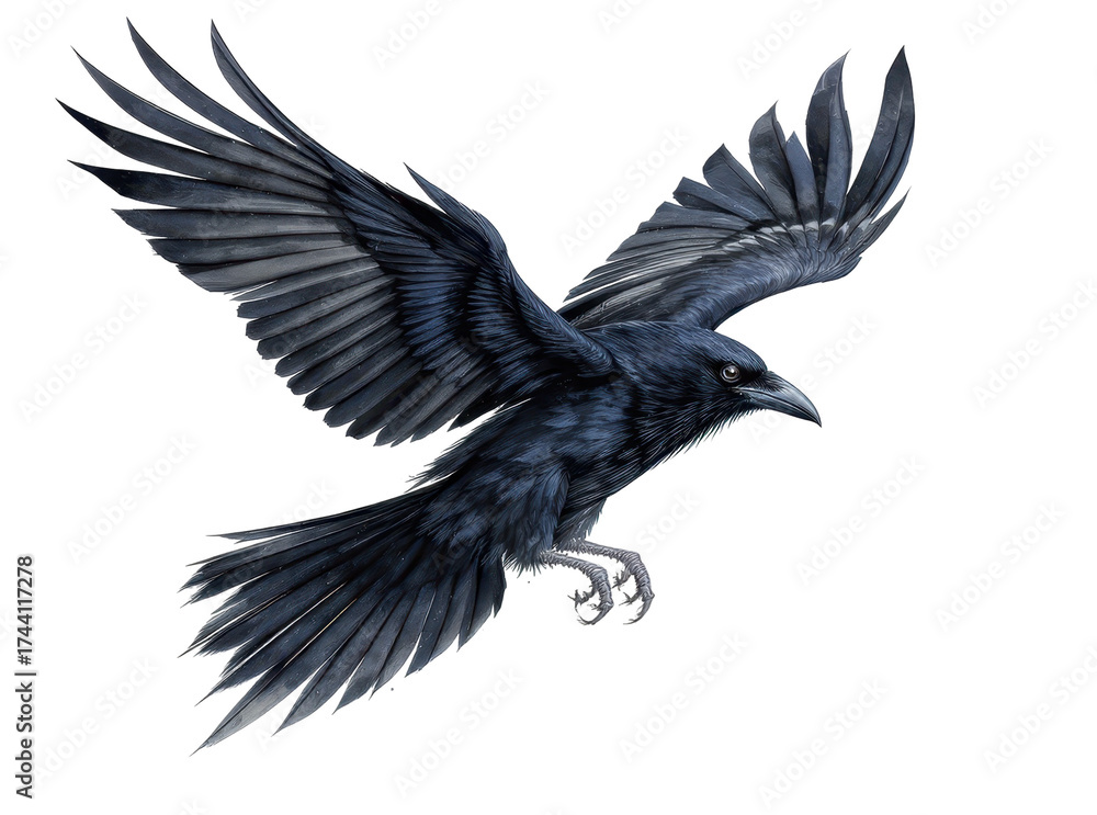 Obraz premium majestic black raven in flight with wings spread against dark background