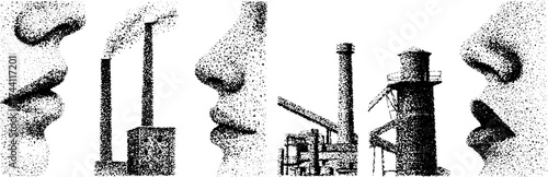 Industrial silhouettes and human profiles in stipple artwork illustration set