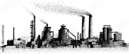 Industrial factory silhouette in detailed dotwork stipple effect for artistic design