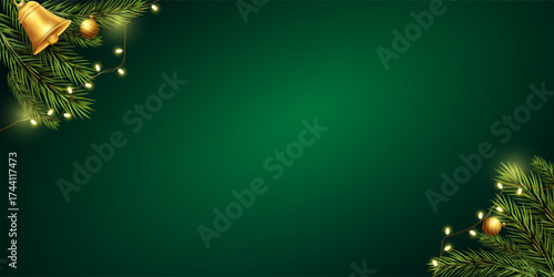 A green background with fir branches, decorative bells and decorative lights creates a warm holiday atmosphere, perfect for Christmas and New Year celebrations and seasonal greetings