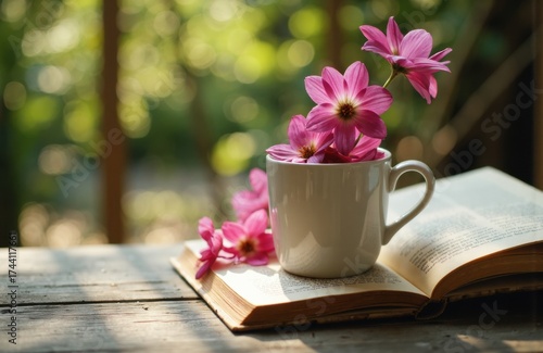 A white ceramic mug filled with pink flowers resting on an open book in natural sunlight