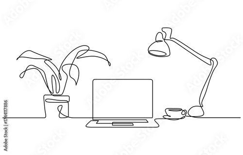 Continuous one line drawing of Work desk with lamp and flower vector illustration isolated on transparent background. Editable stroke