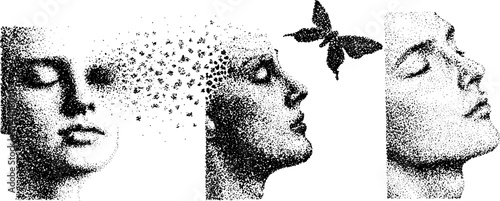 Fragmented faces dotwork illustration set with butterfly transformation concept