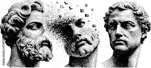 Fragmented marble sculptures in detailed dotwork stipple illustration
