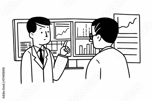 Two male doctors talk discuss difficult case by computer screen