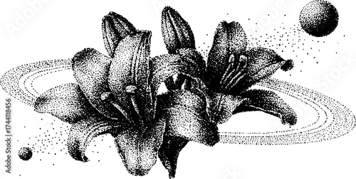 Intricate dotwork stipple art of glowing lilies with abstract elements