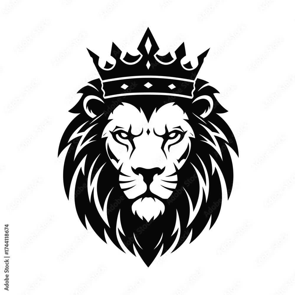 Obraz premium Black lion head with crown silhouette on white background