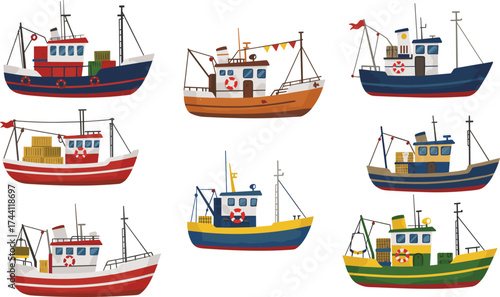 Fishing boat illustration set, colorful marine vessels, lifebuoy, cargo, flags, antennas, hand-drawn vector, white background, nautical theme, maritime concept