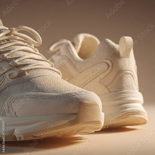 Minimal beige running shoes with soft warm lighting