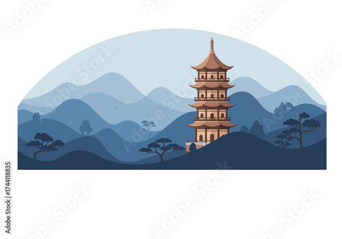 Pagoda stands among blue hills trees dotting landscape under a light sky