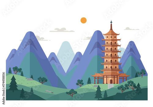 Pagoda with mountains trees and sky with sun