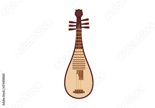 Pipa Brown pearshaped Chinese lute w neck tuning pegs  strings on white background