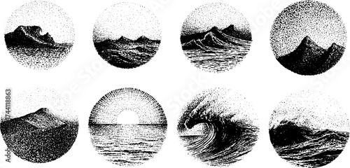 Intricate dotwork stippling landscape illustrations of waves and mountains in half circles