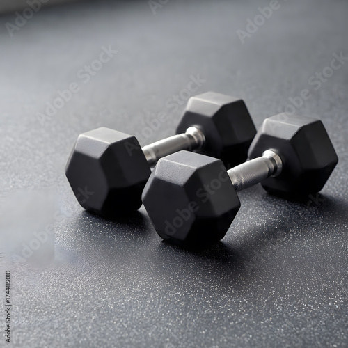 Minimal Black Dumbbells on Textured Gym Floor