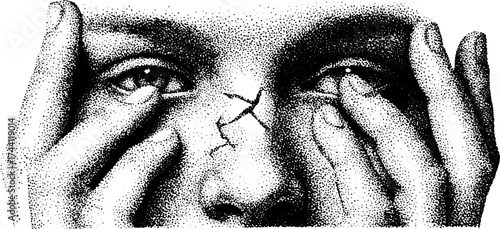 Intricate dotwork stipple illustration of hands covering face for artistic design