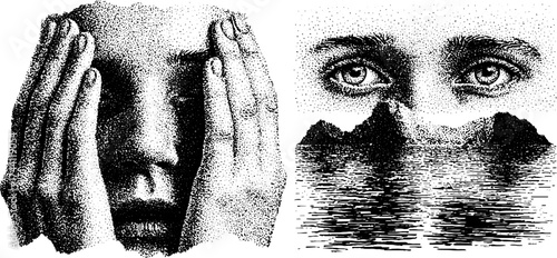 Artistic dotwork stipple illustration of hands holding and reflective eyes in landscape