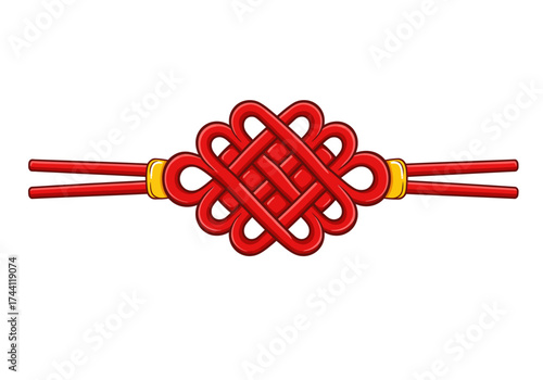 Red Chinese knot complex design with two extending tassels with gold ring at base isolated on white