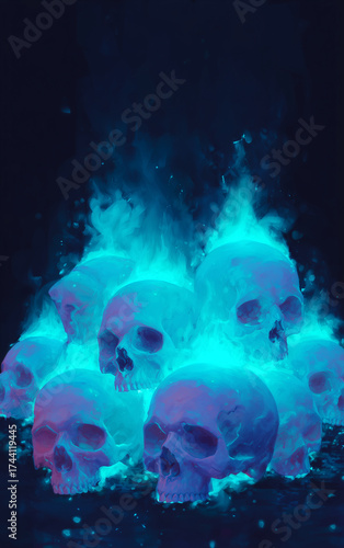 Surreal illustration of multiple skulls surrounded by blue flames — dark fantasy artwork perfect for Halloween posters, tattoo designs, dark fantasy illustrations, and music album covers