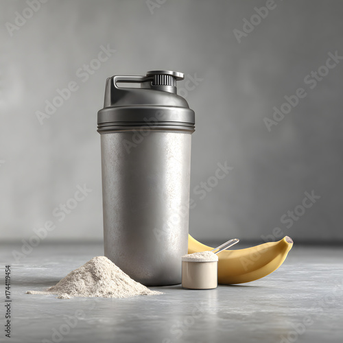 Protein shake bottle with banana and powder on minimalist surface
