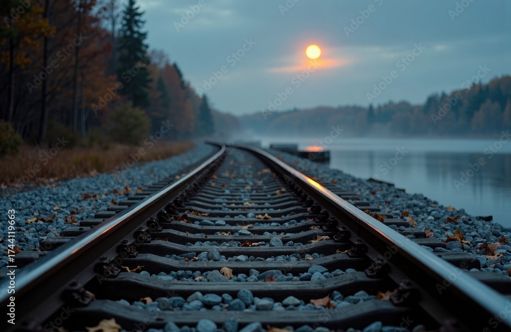 Fototapeta premium Sunset over railway tracks running alongside a calm river with trees on both sides