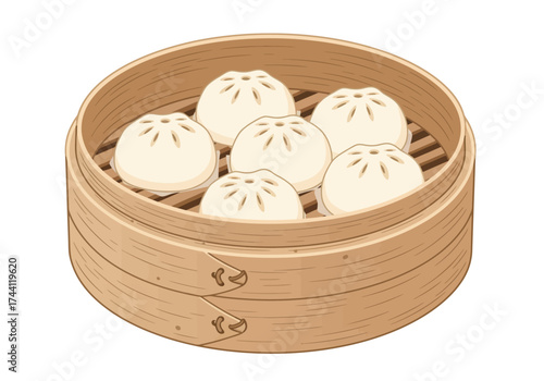 Steaming basket with six dumplings small holes on top