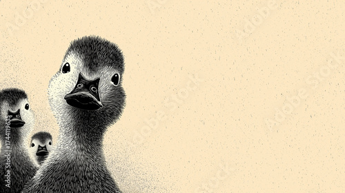 Japanese-style ink illustration of cute baby ducks