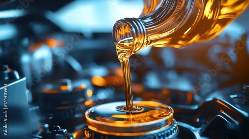 Pouring fresh oil into a car engine during an oil change- ensuring improved performance and protection.