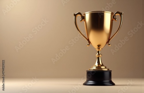 A gold trophy cup with handles displayed on a neutral background