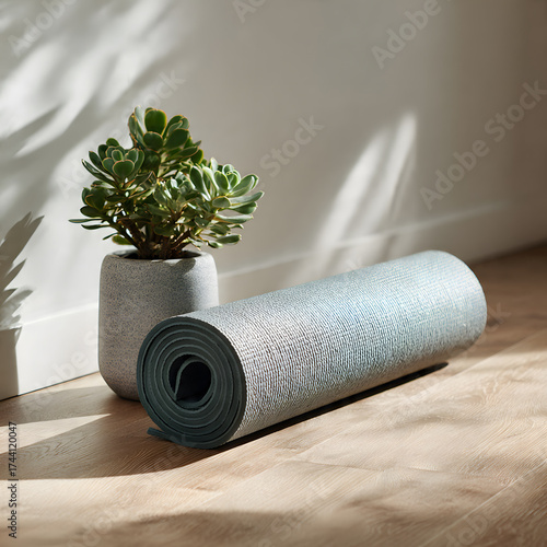 Yoga Mat beside Potted Plant in Natural Light