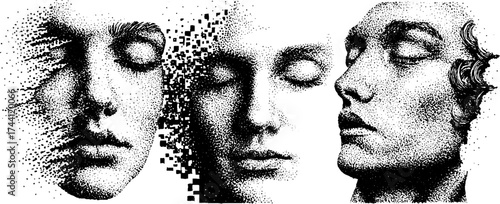 Abstract human heads in detailed dotwork stippling technique for contemporary art design