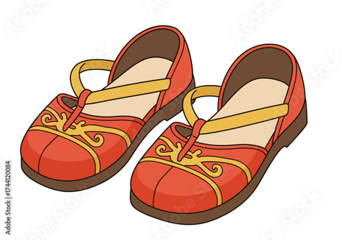 Two red Mary Jane shoes with gold accents and a brown sole face slightly inward