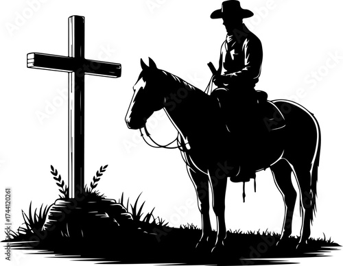 Cowboy's Reflection Silhouette of Rider, Horse, and Cross at Rural Cemetery