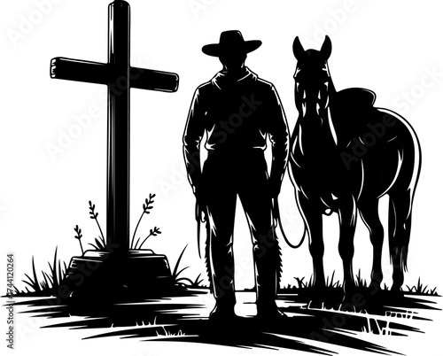 Cowboy Stands with Horse by Cross A Tribute in Silhouette, Western Scene, Memorial