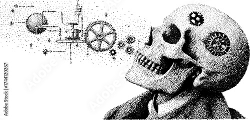 Intricate dotwork stipple design featuring human skull with mechanical elements for art and design projects