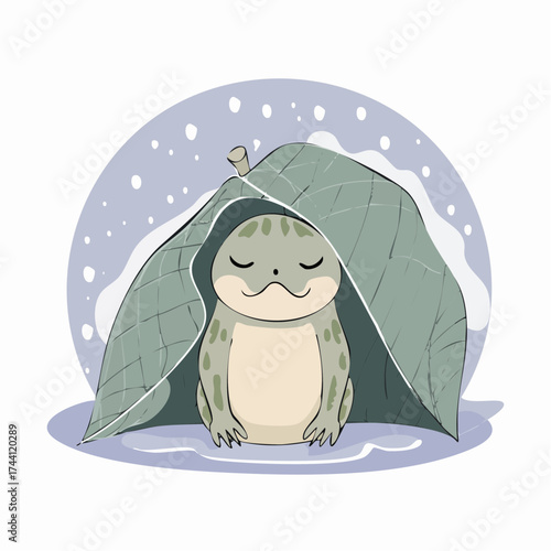Ein kleines Froschjunges sitzt geschützt unter einem Blatt